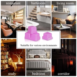 Purple aromatherapy wax melts shown in various home scenes like living room and bathroom