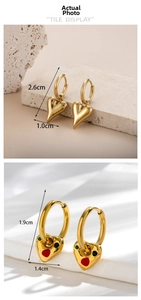 Detailed size specifications for gold heart earrings with polished and enamel finishes