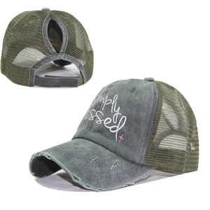 Washed vintage baseball cap with Simply Blessed embroidery and ponytail hole