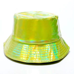 Macro detail of sewing lines on neon laser bucket hat with shiny metallic texture