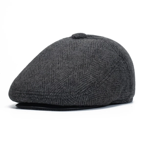 Classic dark grey herringbone flat cap for elderly men with warm ear protection earflaps