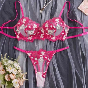 Detailed view of rose red floral lace embroidery on sheer mesh bra and thong set