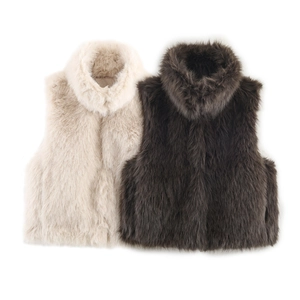 Women Faux Fur Vest Stand Collar Sleeveless Zipper Solid Color Retro Casual Warm Plush Waistcoat Outerwear