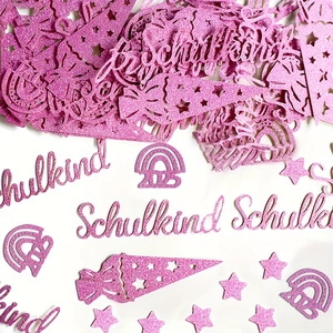 Pink glitter Schulkind confetti set with stars and rainbow shapes for school party