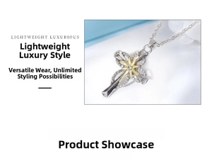 Macro detail of silver cross pendant with gold octagonal star and inlaid zircons