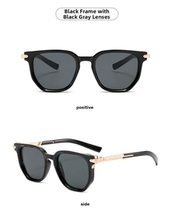 Front and side view of square black sunglasses with gold metal hinge details