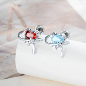 Heart Zircon Titanium Steel Ear Cartilage Stud Star Track Piercing Earring For Women Screw Back Blue Red Trendy Style