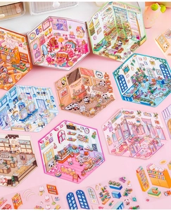 Detailed view of 3D PET cartoon dollhouse stickers for scrapbooking and DIY crafts