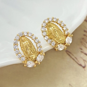 18K gold-plated Virgin Mary stud earrings with micro-pave marquise cubic zirconia stones