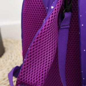 Detail of purple toddler backpack breathable honeycomb mesh straps and adjustment buckle