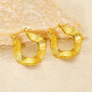 French vintage gold irregular geometric hoop earrings with pleated metal texture for women
