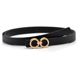Detail of slim black leather belt featuring a polished gold double ring buckle and pin holes