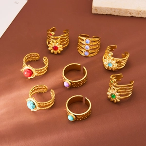Set of 8 gold titanium steel open rings with colorful natural stone flower designs