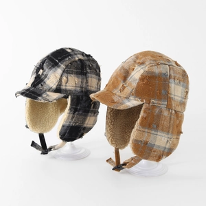 Winter plaid aviator hats for children with warm fleece lining and ear flaps set
