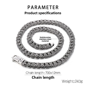 Close-up of 12mm wide punk style stainless steel chain necklace with technical specs