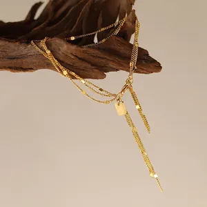 Three-layer 18K gold plated titanium steel bracelet with tassels and rectangle pendant