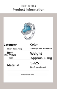 Detailansicht S925 Silber Herzring mit blauer Emaille und versilberter Oberfläche