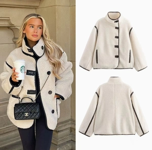 Damen Fleecejacke Kunstlammwolle Mantel Stehkragen Einreihig Kontrast PU Lederbesatz Lässig Lockere Oberbekleidung