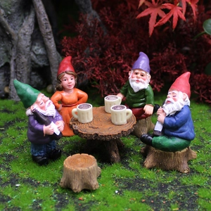 Miniature Garden Gnome Figurines Resin Fairy Forest Ornaments With Stump Table And Chairs For Micro Landscape Decor