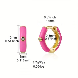 Detailed size specifications for pink enamel C-shaped gold earrings with measurements