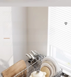Detail of 304 stainless steel dish rack featuring specialized knife and cutting board slots