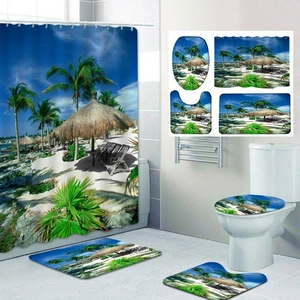 Tropical beach scenery bathroom set including shower curtain and non-slip floor mats