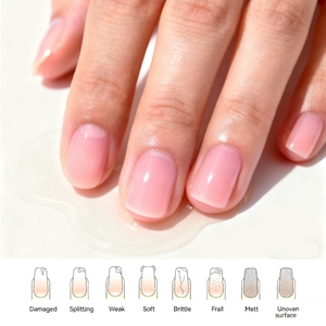 Detail showing pink nail repair oil treating splitting, brittle, and weak nails
