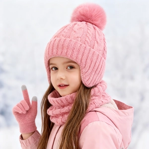 Pink cable knit winter set for kids with pompom hat, scarf and touchscreen gloves