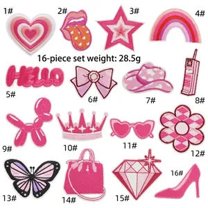 Detailed set of 16 pink embroidered patches including hearts, bows, and high heels