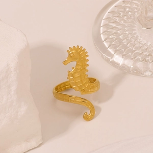 Seahorse Adjustable Open Ring Stainless Steel Waterproof Hypoallergenic Animal Shaped Statement Jewelry For Women