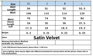 Tableau des tailles détaillé pour ensemble en satin avec mesures de buste et de taille