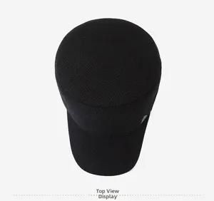 Top view of men's winter flat top military cap in black wool with herringbone texture