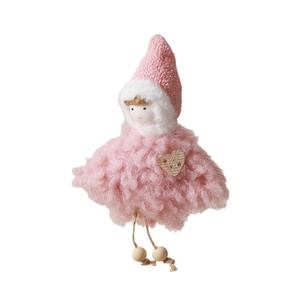 Ange de Noël en peluche rose avec bonnet en tricot et cœur doré à paillettes