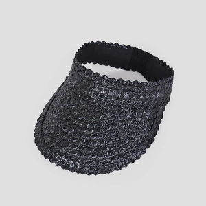 Detail of black hand-woven sun visor with geometric texture and elastic back strap