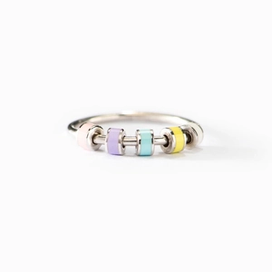 S925 silver fidget ring for anxiety with five colorful rotating enamel beads