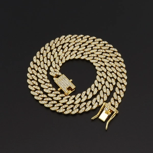 Iced out 8mm Cuban link chain in gold finish with sparkling crystals for hip-hop style