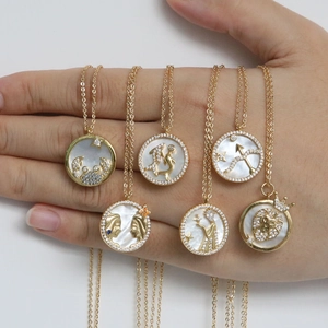 Zodiac Pendant Necklace 18K Gold Plated Brass Mother Of Artificial Pearl Shell Round Coin Horoscope Jewelry Zircon Inlay Women