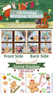 Close-up of double-sided Christmas window stickers with gingerbread and candy cane motifs