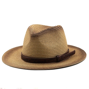 Cappello fedora di paglia stile Panama con fascia in pelle goffrata per la spiaggia
