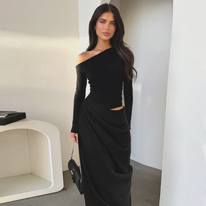 Slim fit black off-shoulder long sleeve dress with ruched details and asymmetric hemline