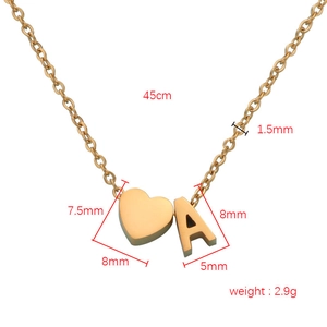Golden stainless steel heart and letter A pendant necklace with size and weight metrics