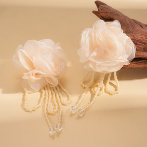 Exaggerated chiffon flower earrings with beaded tassels and crystal charms for women