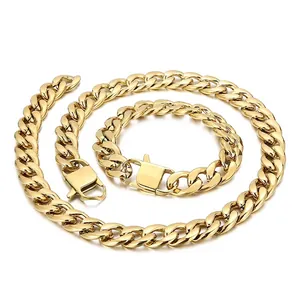 Cuban Link Chain Necklace Bracelet Titanium Steel Gold Plated Heavy Chunky Hip Hop Style For Men