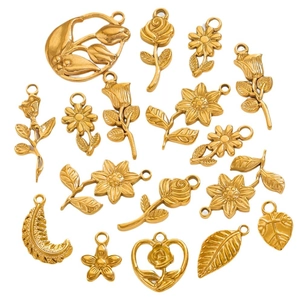 Collection of golden stainless steel rose, leaf, and heart charms for DIY jewelry making