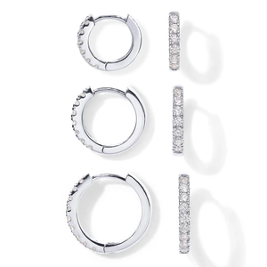 Three pairs of silver micro-pave cubic zirconia hoop earrings in small, medium, and large sizes