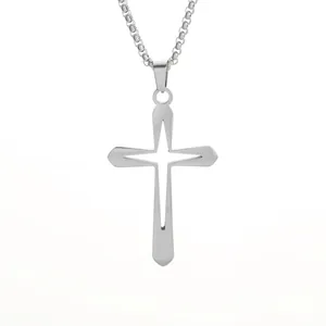 Minimalist stainless steel hollow cross pendant necklace with geometric diamond cutout