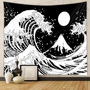 Detail view of Great Wave tapestry showing high contrast black and white vector line art