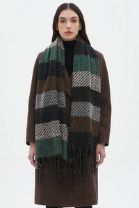 Close-up of multicolored striped scarf with elegant tassel trim and soft woven texture