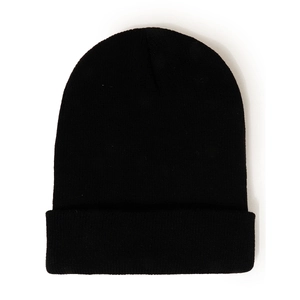 Detailed close-up of plain black knitted beanie showing fine ribbed texture and folded cuff