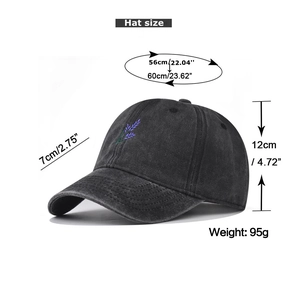 Detailed size chart for washed cotton baseball cap with purple lavender embroidery